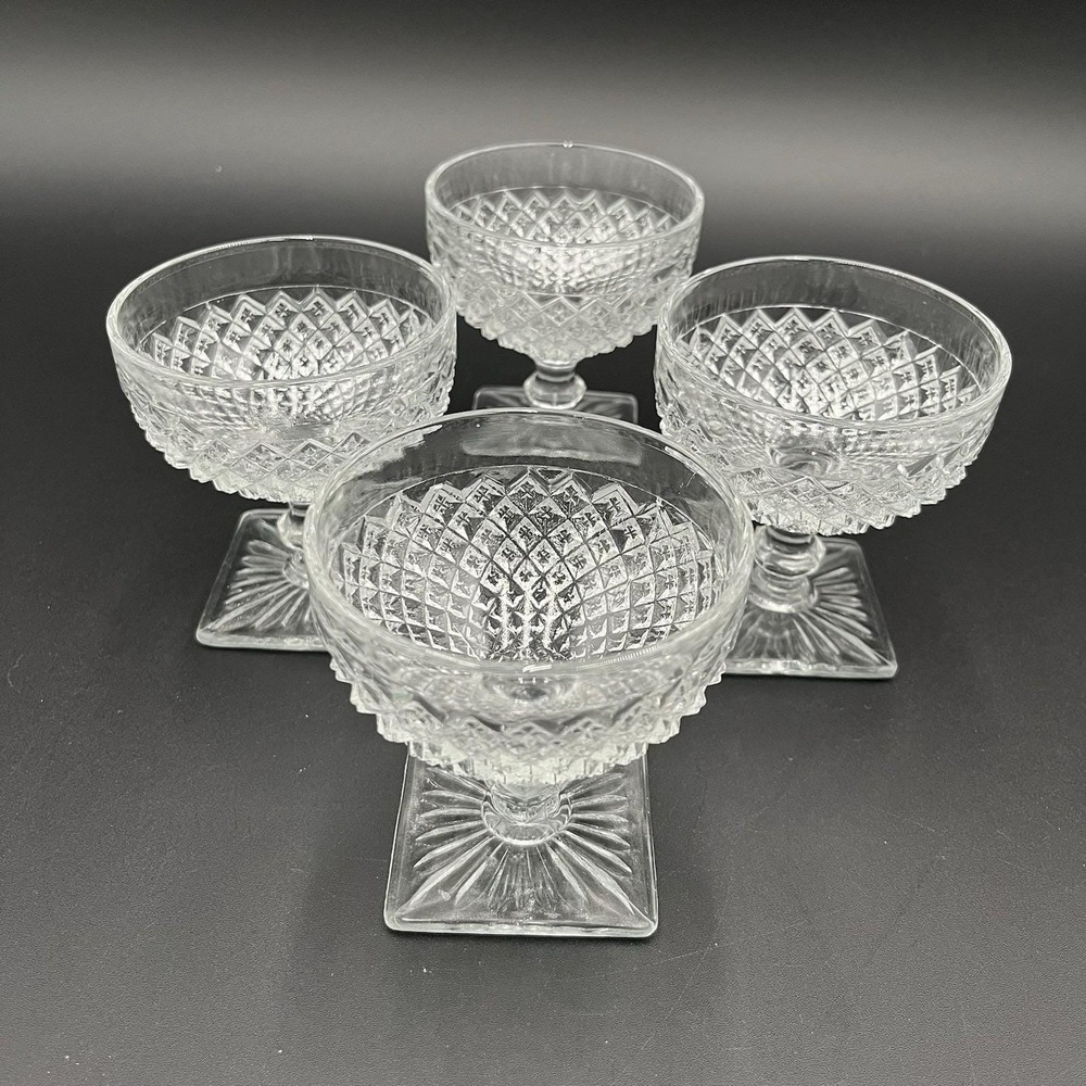 Set of 4 Cut Glass Footed Dessert Cups, Vintage Anchor Hocking Miss America